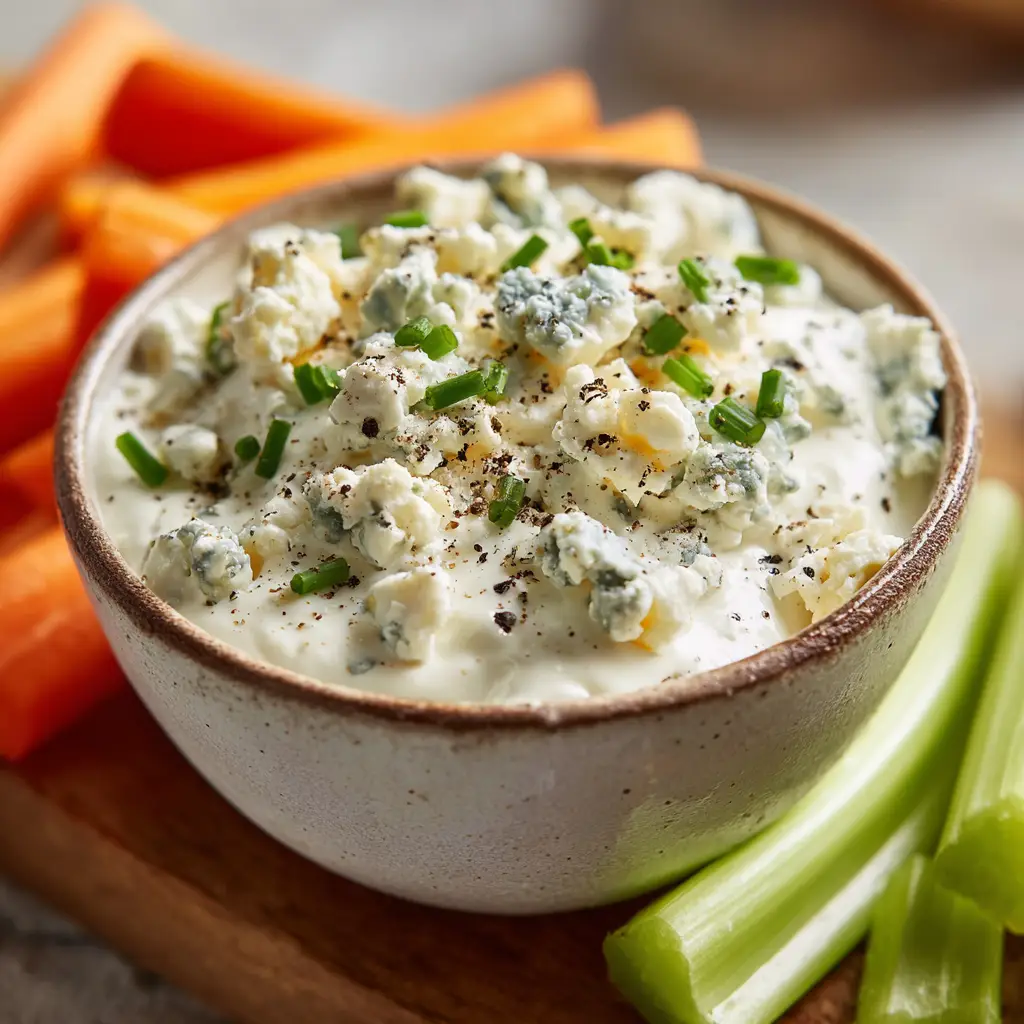 Homemade blue cheese dressing served on a light wooden surface alongside crisp green celery sticks and carrot batons.