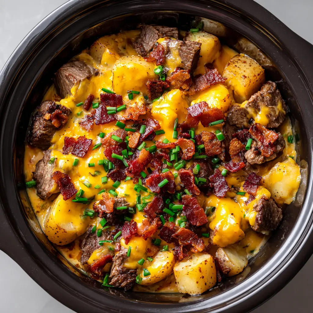 Rustic black ceramic slow cooker insert filled with a bubbling layer of steak bites, potatoes, glossy creamy sauce, melted cheddar, and bacon bits.