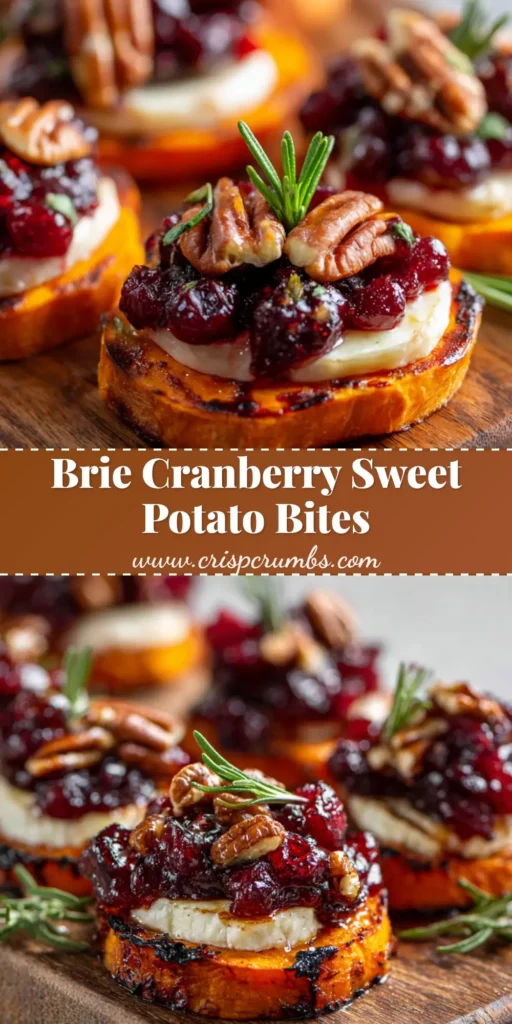 Sweet potato appetizers arranged neatly on a rustic wooden serving board, featuring caramelized sweet potato rounds topped with melted brie, glossy red cranberry sauce, toasted pecans, and fresh rosemary sprigs.