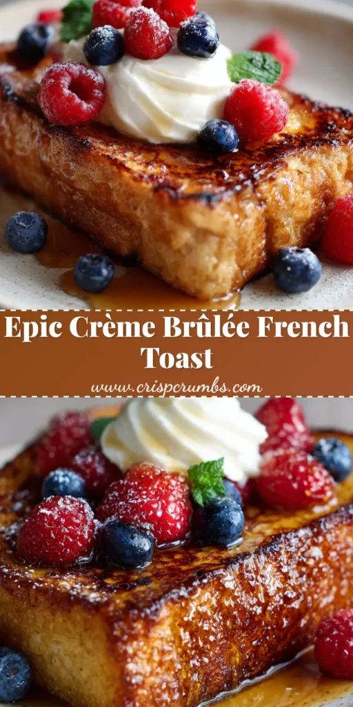 A top-down view of Crème Brûlée French Toast showing a torched sugar crust, whipped cream, and fresh berries.