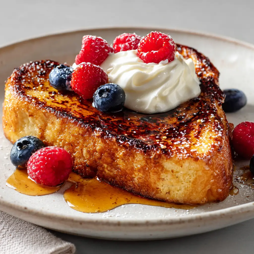 A thick slice of golden-brown brioche French toast on a rustic white ceramic plate with a glossy torched sugar crust.