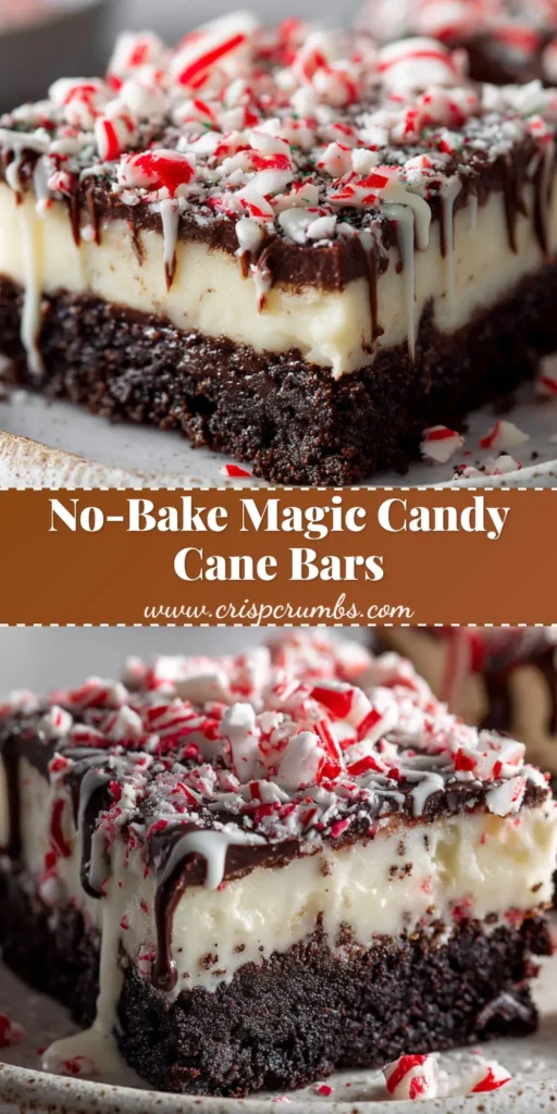A single no-bake candy cane cookie bar on a white plate, showcasing its dark chocolate crust, creamy white filling, and crushed peppermint topping. (Candy Cane Cookies)