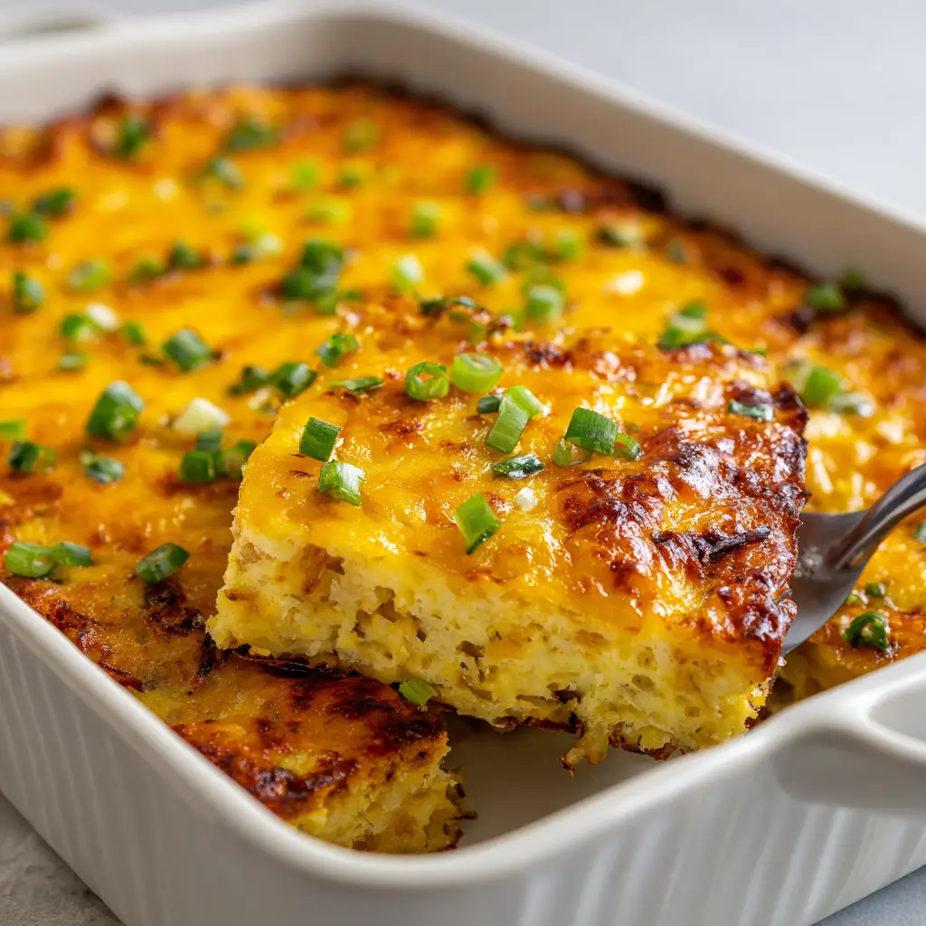 A square slice of Potato Breakfast Casserole lifted with a metal spatula, revealing dense egg and soft potato layers.