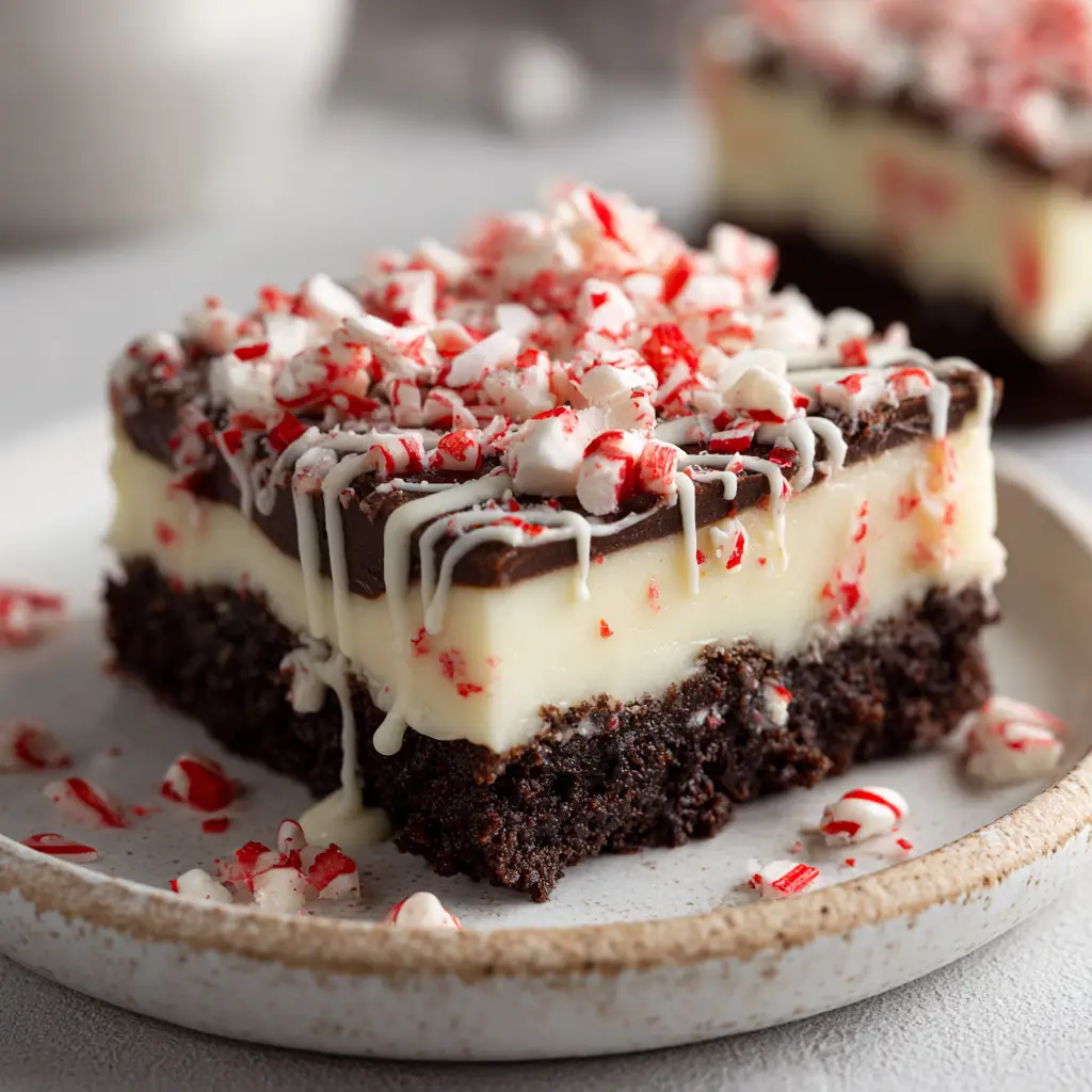 A detailed photo of the topping on the candy cane cookie bars, showing the crushed peppermint pieces and white chocolate drizzle.