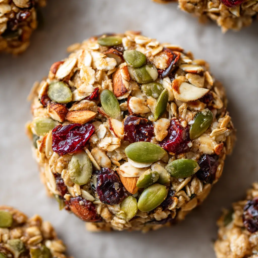An overhead view of a Healthy Energy Cookie on parchment paper, showcasing its golden-brown crisped edges and glistening syrup binder.