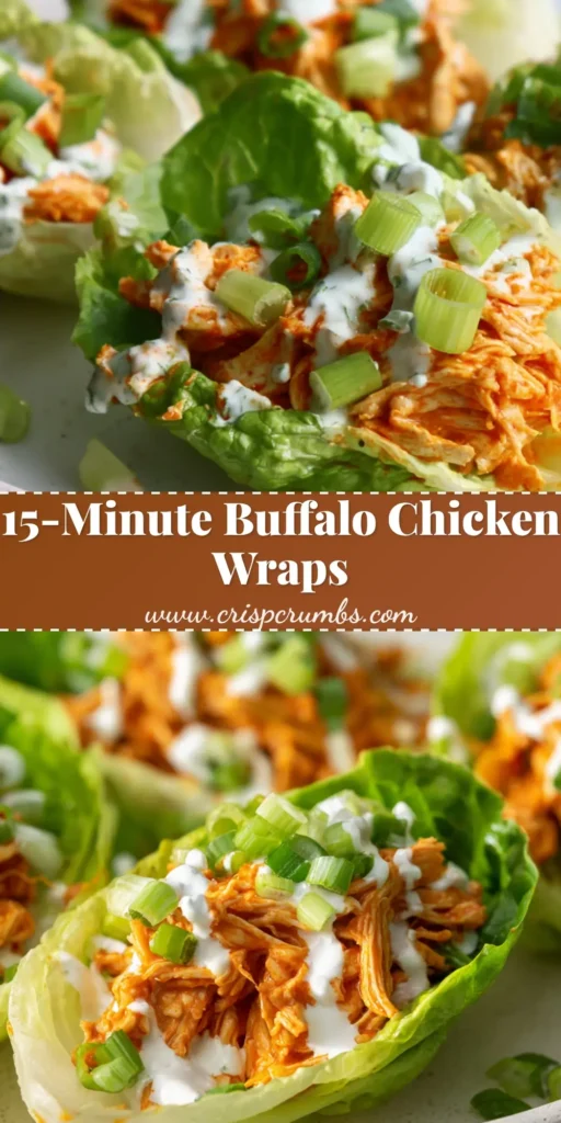 A shareable pin image of vibrant Buffalo Chicken Lettuce Wraps on a white plate, showcasing shredded chicken in a glossy orange sauce with a creamy ranch drizzle and fresh celery and green onion garnish.