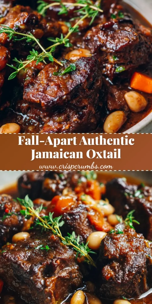 A top-down view of a rustic white bowl filled with authentic Jamaican oxtail recipe, showing tender meat, a glossy brown gravy, carrots, and beans.