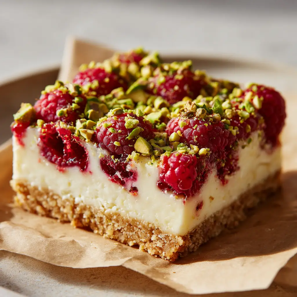 A detailed shot of the raspberry pistachio bar topping, with roughly chopped green pistachios and a whole raspberry.