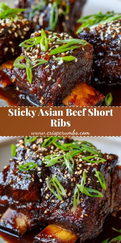 A close up shot of perfectly caramelized slow-roasted Asian beef short ribs on a white plate, topped with sesame seeds and scallions.