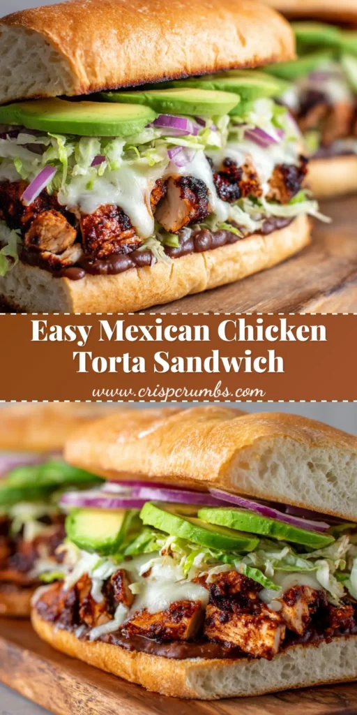 A perfect Chicken Torta Sandwich sliced in half on a wooden board, showing layers of chipotle chicken, melted Oaxaca cheese, refried beans, avocado, and lettuce.