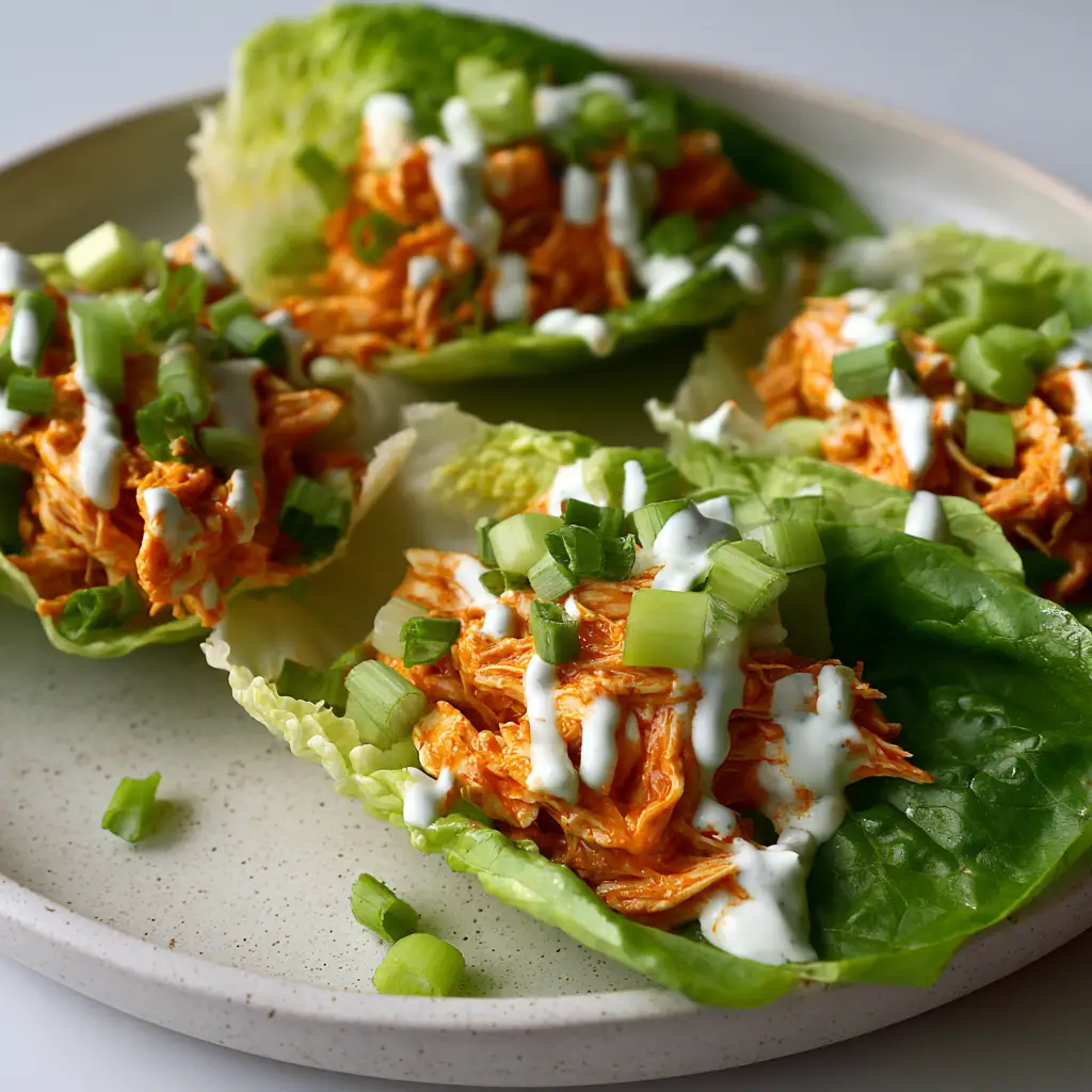 An overhead view of several Buffalo Chicken Lettuce Wraps on a white plate, emphasizing the fresh garnish of diced celery and green onions over the creamy ranch drizzle.