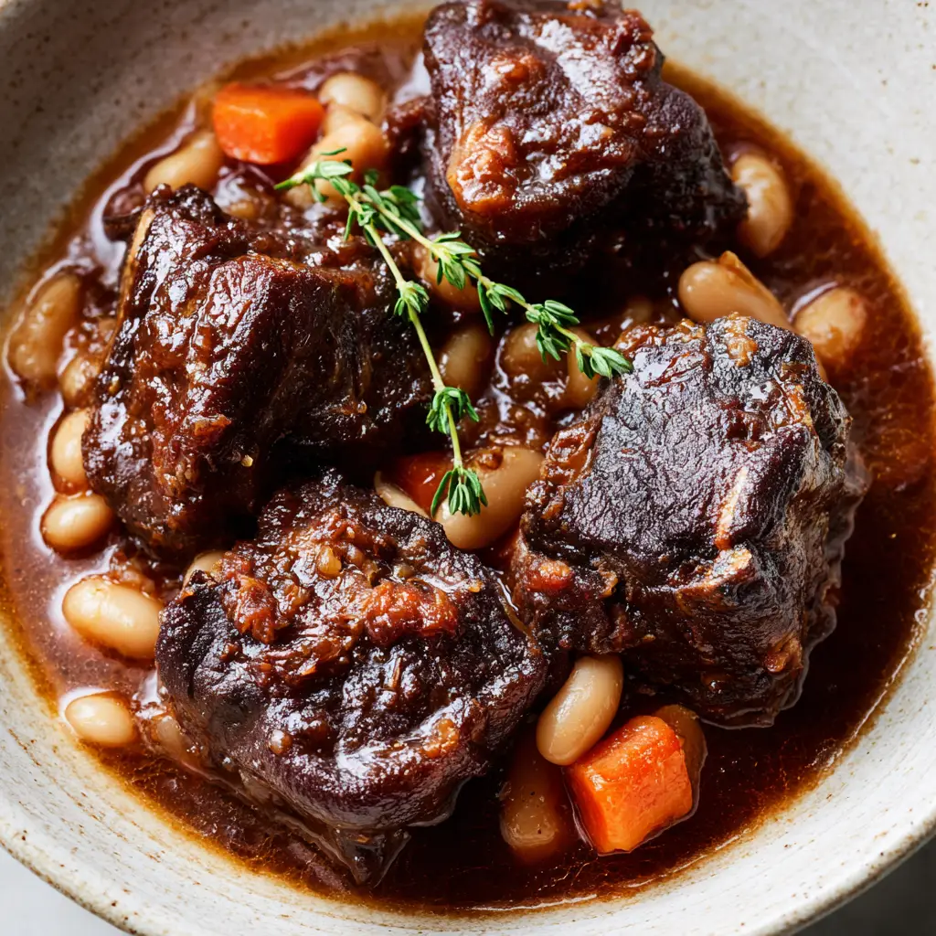 A detailed shot of the glistening, deeply browned oxtail chunks mixed with plump white butter beans in a thick brown sauce.