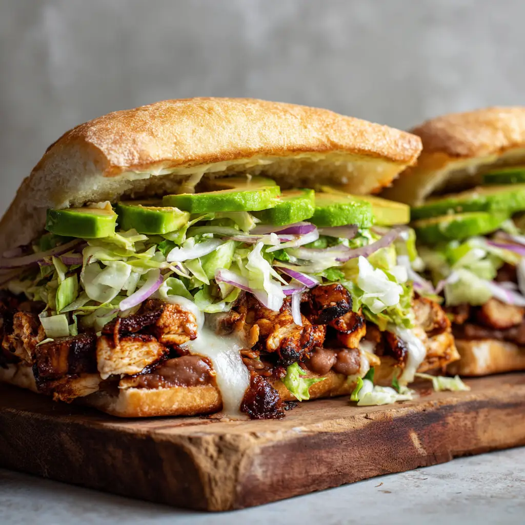 Assembling the layers of a Chicken Torta Sandwich on a toasted telera roll, with refried beans, chicken, cheese, avocado, and lettuce visible.
