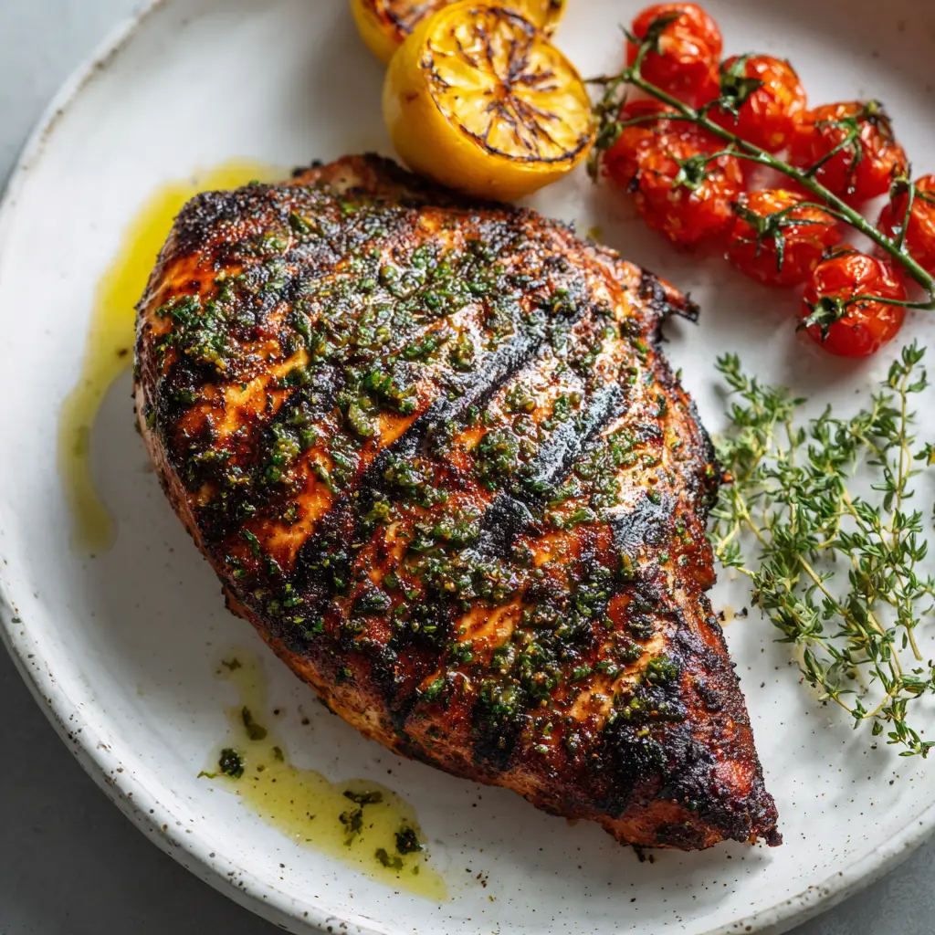 A juicy grilled chicken breast with deep char marks on a rustic white plate, with blistered cherry tomatoes and charred lemon. (Mediterranean Grilled Chicken)