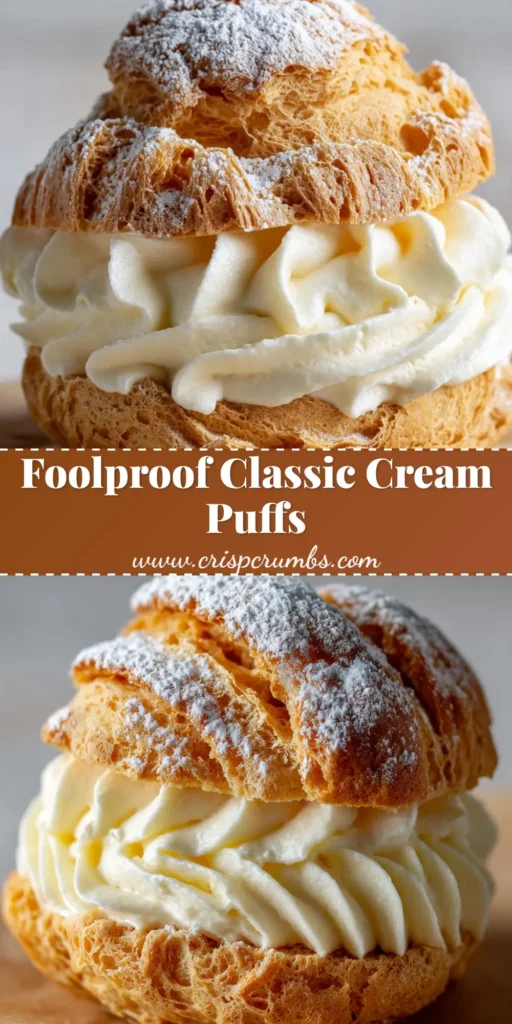 A perfect classic cream puff on parchment paper. The golden shell is filled with piped vanilla cream and dusted with powdered sugar. (Classic Cream Puffs)