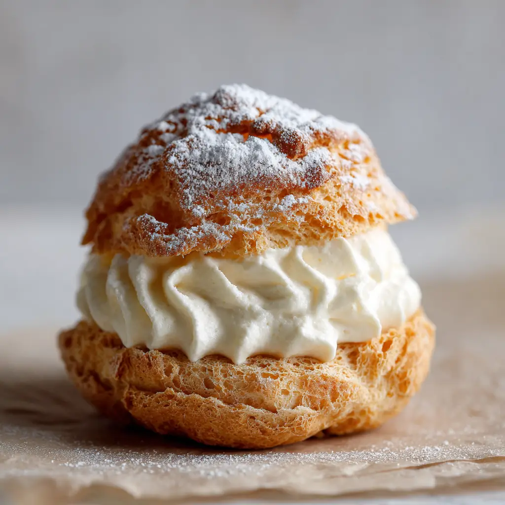 A perfect golden brown choux pastry shell, sliced in half, resting on parchment paper before being filled. The exterior is crisp and craggy. (Classic Cream Puffs)