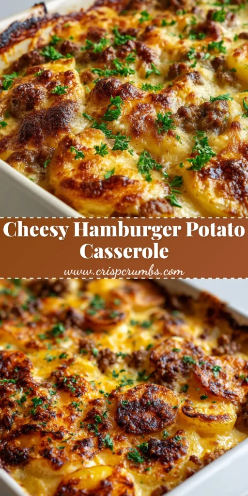 A top-down view of a freshly baked hamburger potato casserole in a white baking dish, showing a golden-brown cheesy crust sprinkled with parsley.