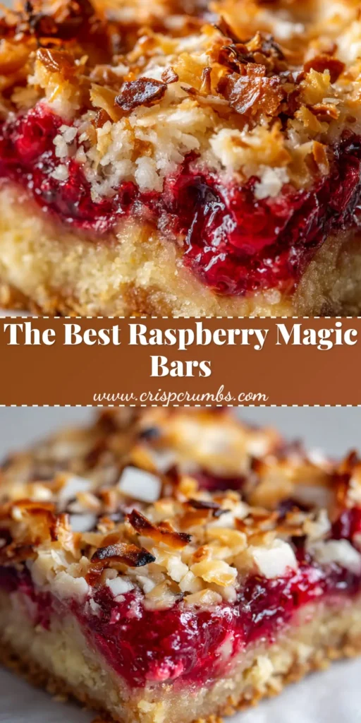 A close-up of a raspberry coconut magic bar on white parchment paper, showing the distinct layers of a thick graham cracker crust, raspberry preserves, white chocolate, and perfectly toasted coconut on top.