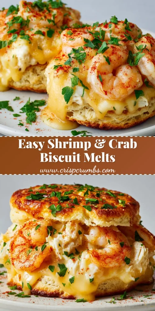 A close-up of savory Shrimp and Crab Biscuit Melts on a white plate, showcasing bubbly melted cheese, charred shrimp, and fresh parsley on a golden flaky biscuit.