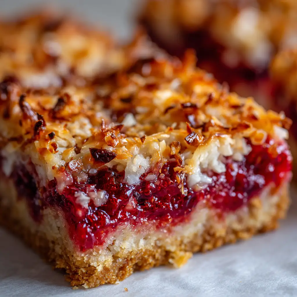 A detailed shot of the toasted shredded coconut topping on a raspberry magic bar, highlighting its golden-brown color and crispy edges.