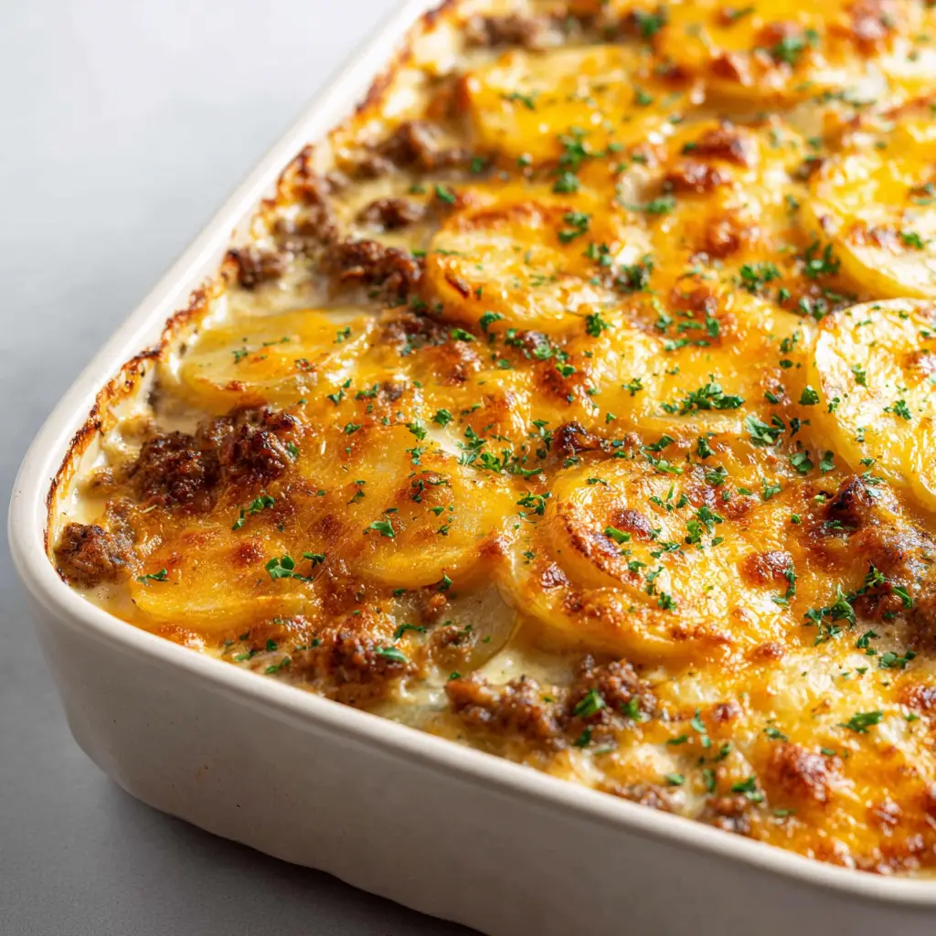 A scoop of hamburger potato casserole being lifted from the dish, revealing layers of tender potatoes, ground beef, and creamy sauce.