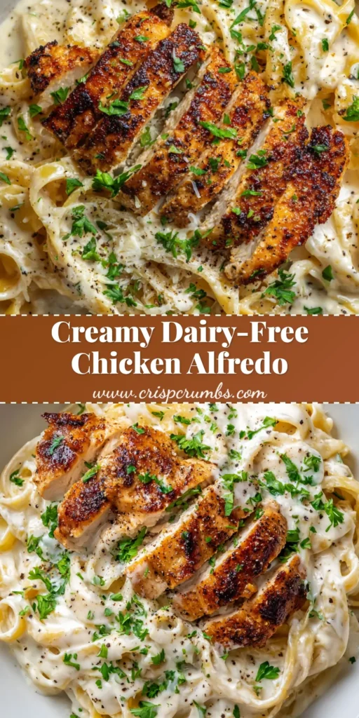 An overhead close-up of a bowl of creamy Dairy-Free Chicken Alfredo, topped with sliced golden-brown chicken breast, fresh parsley, and cracked black pepper.