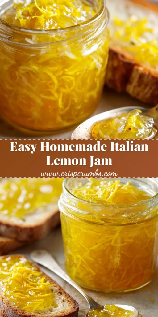 A close-up overhead shot of a jar of homemade lemon jam, with a spoonful of jam resting on the side and a piece of toast spread with the jam. (Homemade Lemon Jam)