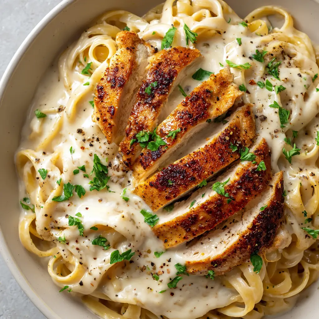 A close-up detail shot of the glossy, thick sauce coating the fettuccine in the Dairy-Free Chicken Alfredo recipe.
