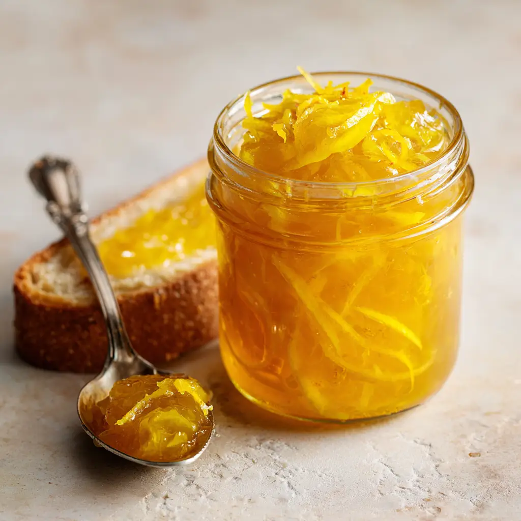 A thick slice of toasted artisan bread with a generous layer of glistening, homemade lemon jam spread across it. (Homemade Lemon Jam)