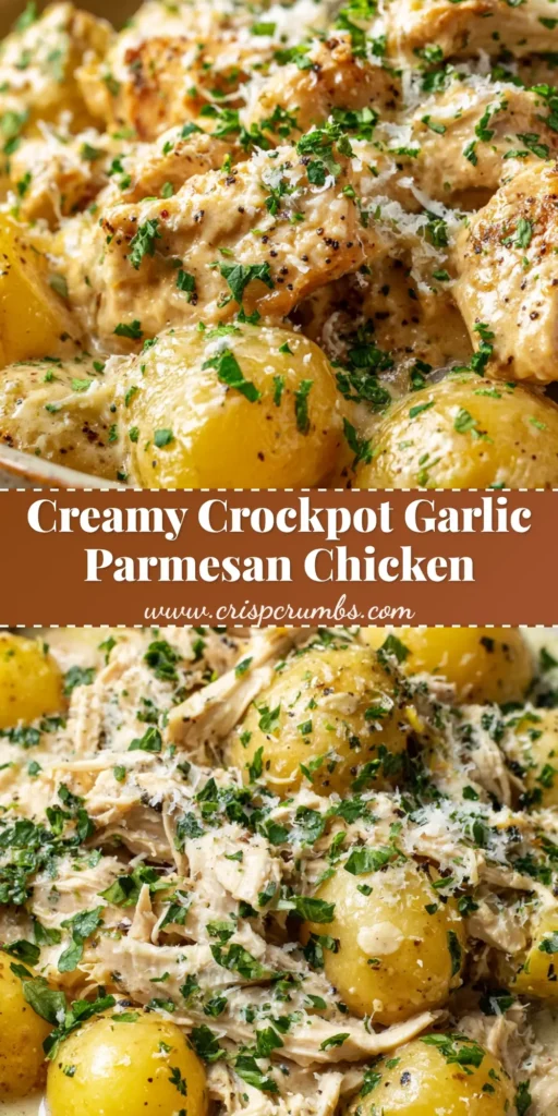 An overhead shot of a rustic bowl of Crockpot Garlic Parmesan Chicken and Potatoes, garnished with fresh parsley and grated Parmesan.