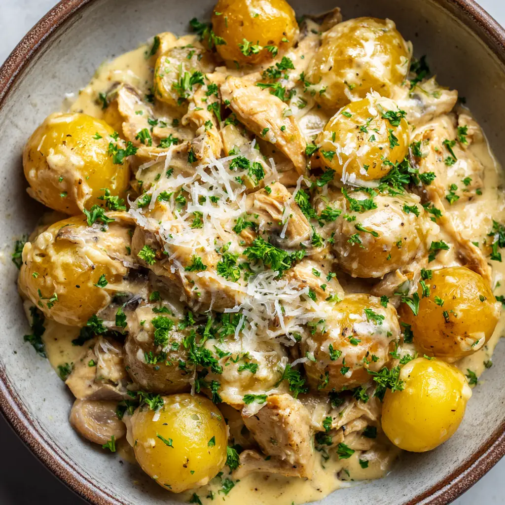 A rustic ceramic bowl filled with creamy garlic parmesan chicken and halved baby yellow potatoes, garnished with fresh herbs.