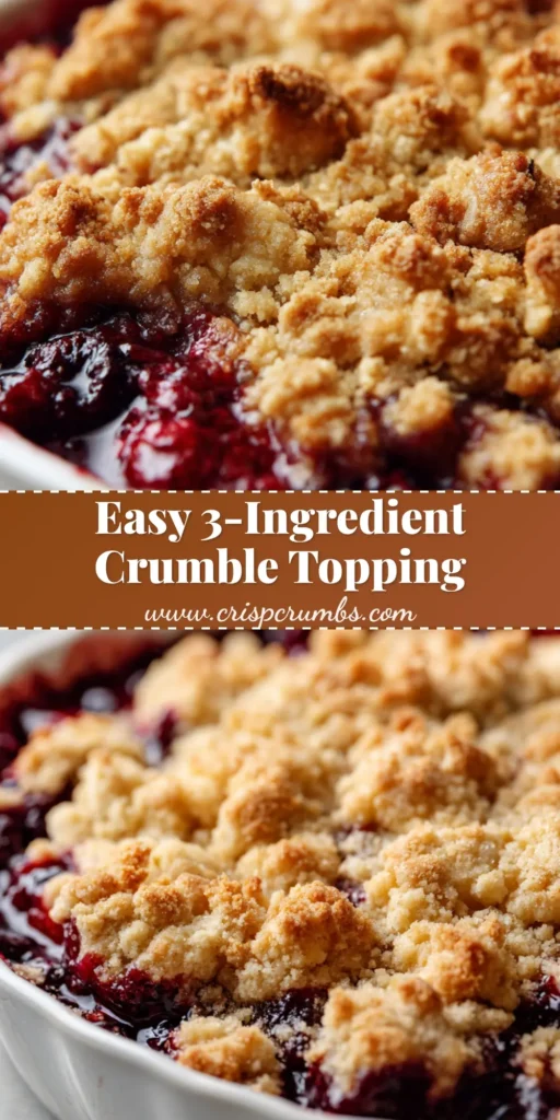 A close-up overhead shot of a perfectly baked berry crisp in a white dish, showcasing a chunky, golden-brown crumble topping recipe.