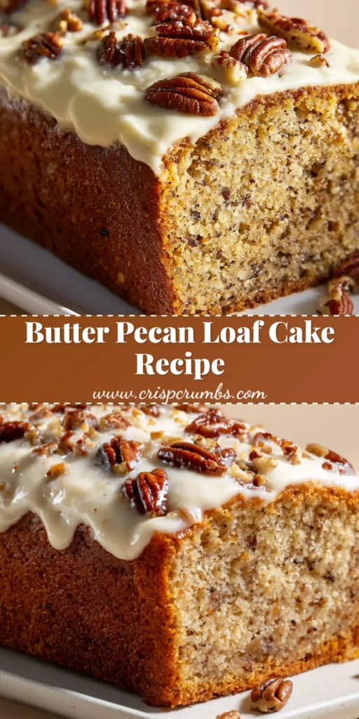 A freshly baked butter pecan loaf cake with a golden-brown crust, thick white cream cheese icing, and dark roasted pecan chunks.