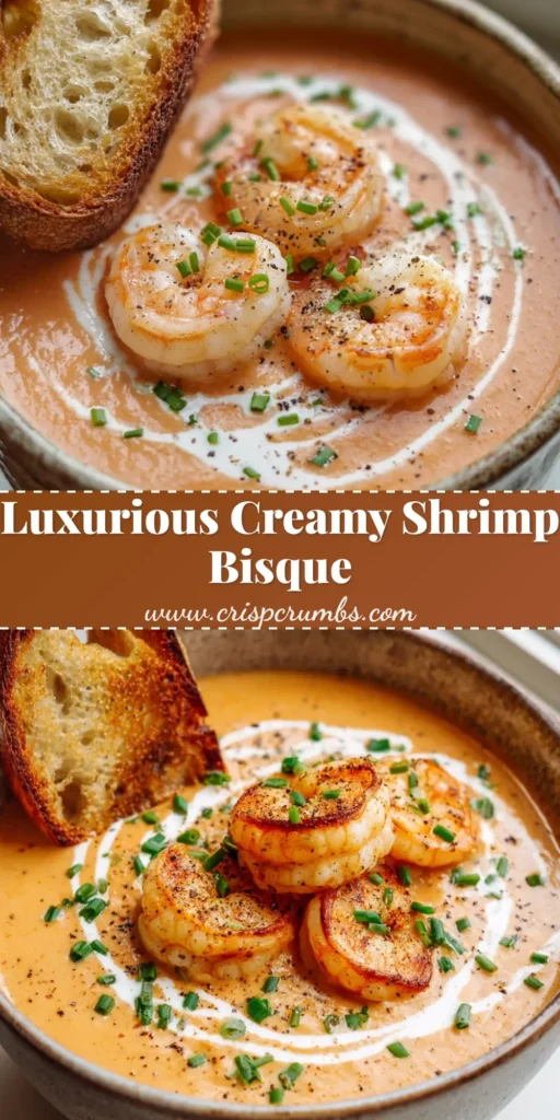 A rustic ceramic bowl of creamy, orange-pink Shrimp Bisque, garnished with pan-seared shrimp, a swirl of cream, fresh chives, and cracked black pepper, with a toasted baguette on the side.