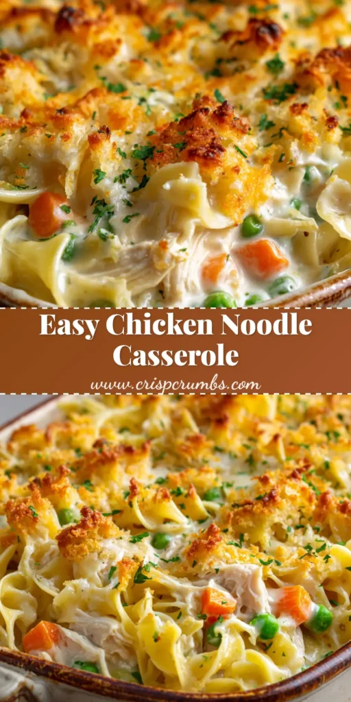 A close-up overhead shot of an easy chicken noodle casserole in a white baking dish. The casserole has a golden-brown cracker and cheese topping and is garnished with fresh parsley.