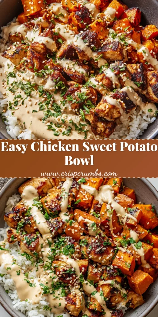 A close-up, top-down view of a healthy Chicken Sweet Potato Bowl in a matte ceramic bowl. The bowl contains fluffy rice, caramelized sweet potatoes, spiced chicken, a creamy tahini drizzle, and is garnished with parsley and sesame seeds.