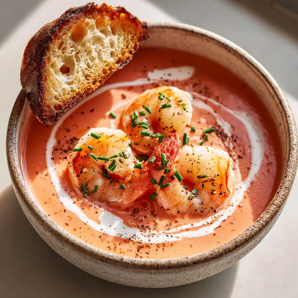 An overhead shot of the finished Shrimp Bisque in a rustic bowl, garnished beautifully with three plump shrimp, a cream swirl, chives, and pepper.