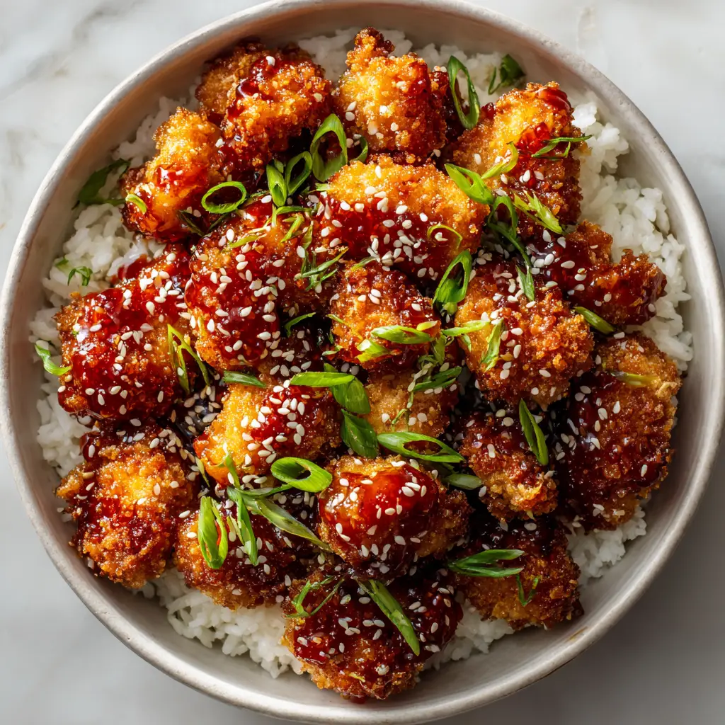 A detailed shot of the glistening honey glaze on the crispy baked panko chicken, served over fluffy white rice. The texture of the crust is clearly visible.