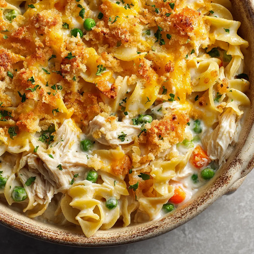 A scoop of easy chicken noodle casserole on a spoon, revealing the creamy white sauce, shredded chicken, peas, and carrots inside.