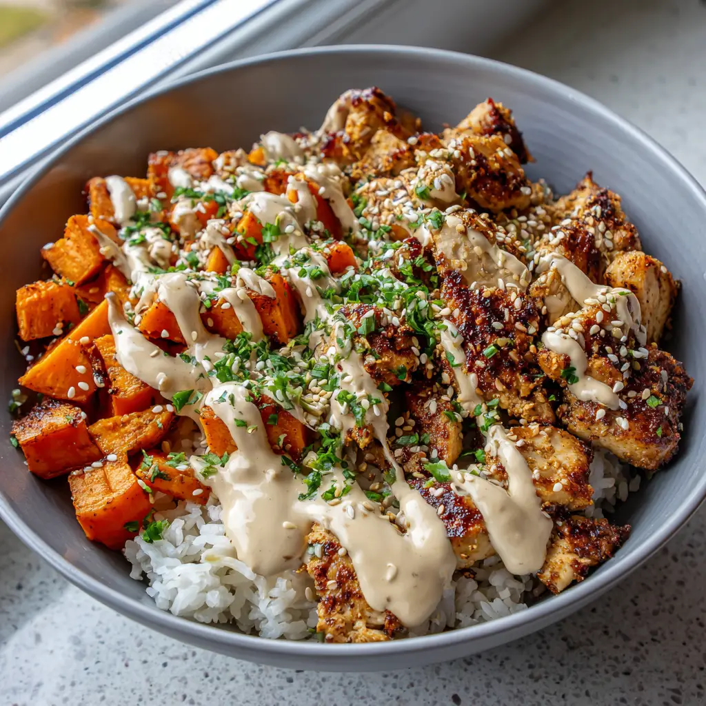 A detailed view of the creamy tahini sauce drizzled over the chicken and sweet potatoes, garnished with fresh parsley flakes and toasted sesame seeds.