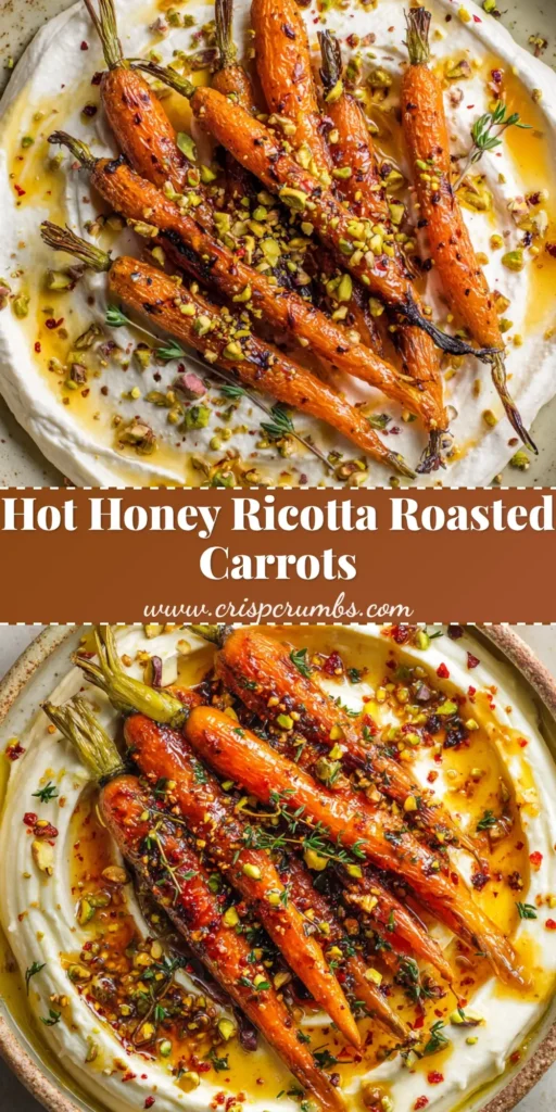 A close-up overhead shot of Hot Honey Roasted Carrots on a bed of whipped ricotta, garnished with pistachios and thyme.