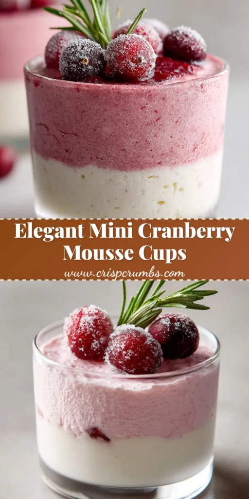 A single cranberry mousse cup held in a hand. The layered dessert shows a white vanilla mousse base and a light pink cranberry mousse top, garnished with sugared cranberries and a rosemary sprig.