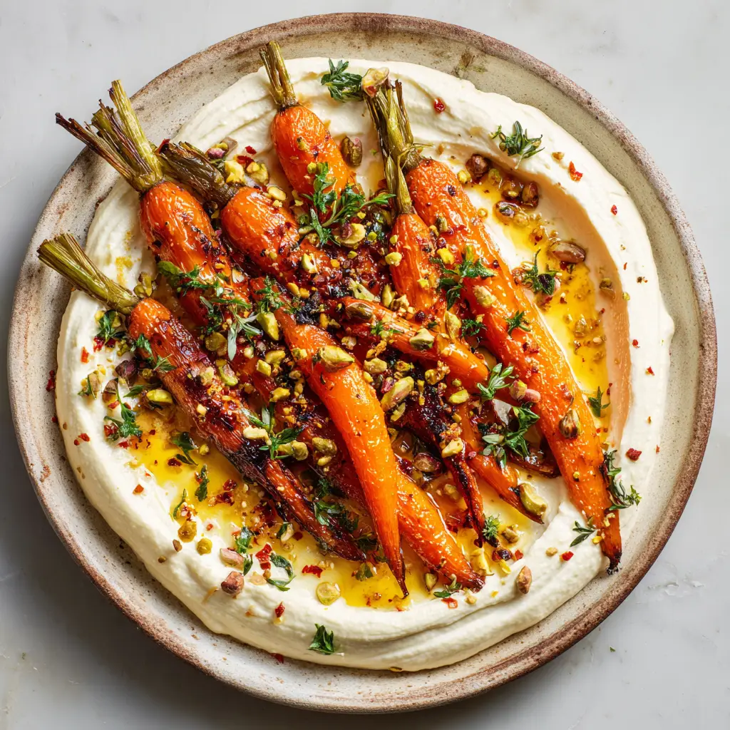 An angled view of glistening Hot Honey Roasted Carrots, showing the sticky glaze pooling into the creamy ricotta swirls, with pistachios scattered on top.