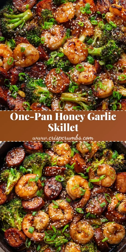 A top-down view of a skillet of Honey Garlic Shrimp and Sausage. Plump shrimp, crisped sausage, and blistered broccoli are coated in a glossy sauce and garnished with sesame seeds.