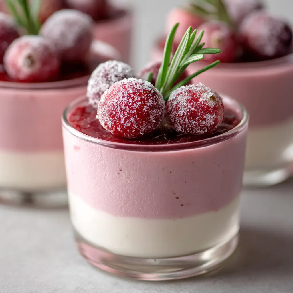 The final assembled Cranberry Mousse Cups, topped with sparkling sugared cranberries and a fresh green rosemary sprig for garnish.