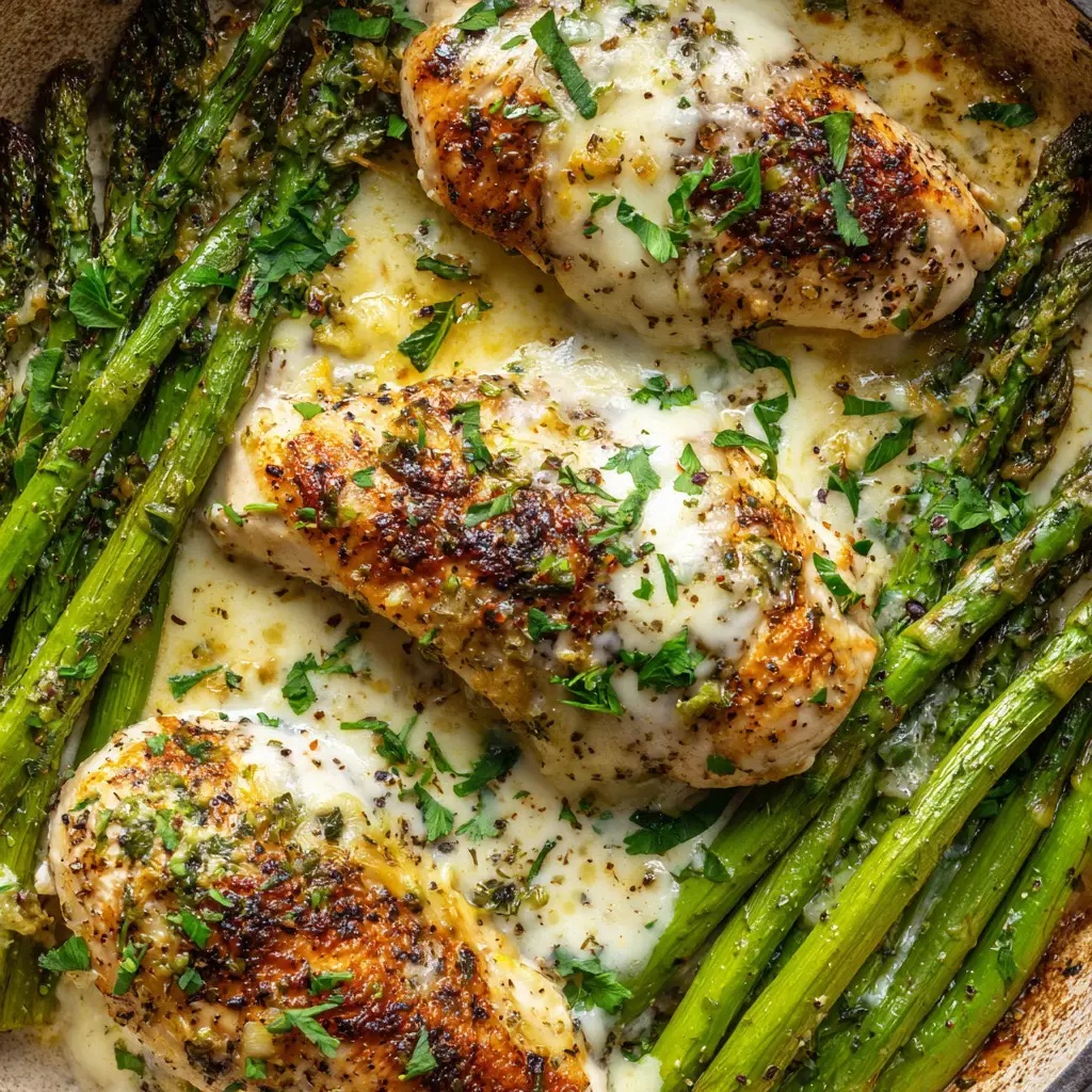 Step-by-step process showing seared chicken breasts and blistered asparagus being combined in a pan with a rich, white cream sauce before baking.