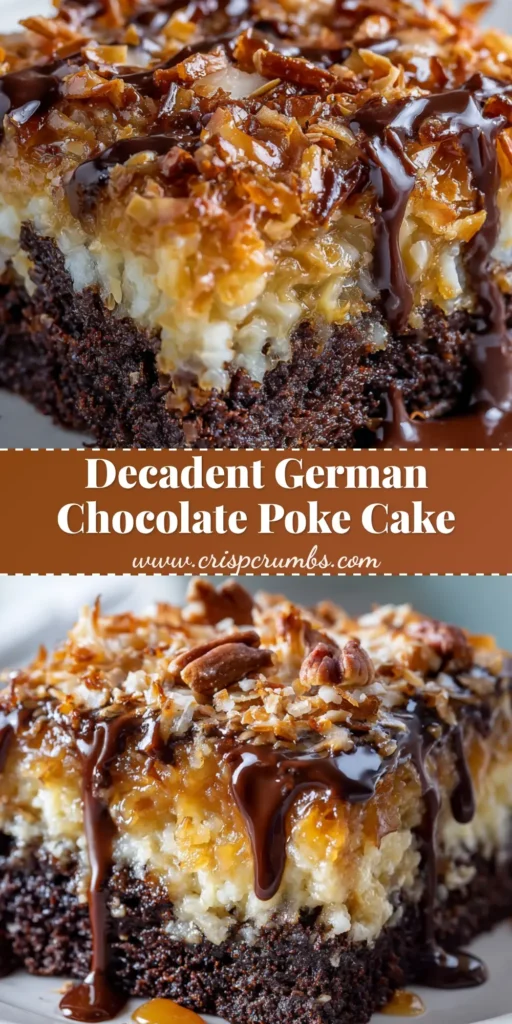A delicious square slice of German Chocolate Poke Cake on a white plate. The moist chocolate cake has visible caramel and cream fillings, and is topped with toasted coconut, pecans, and a rich chocolate ganache drizzle.