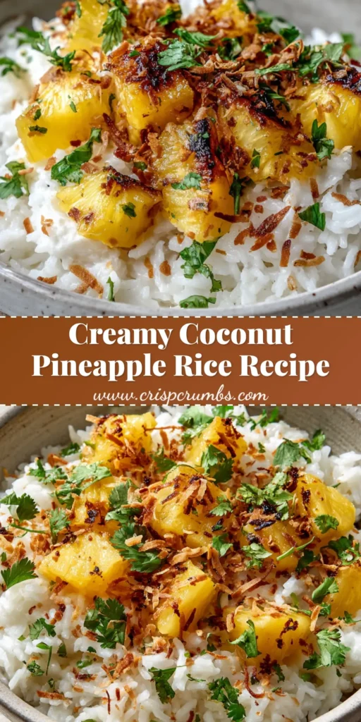 An overhead shot of creamy Coconut Pineapple Rice served in a rustic grey bowl, topped with seared pineapple chunks, toasted coconut, and fresh cilantro.