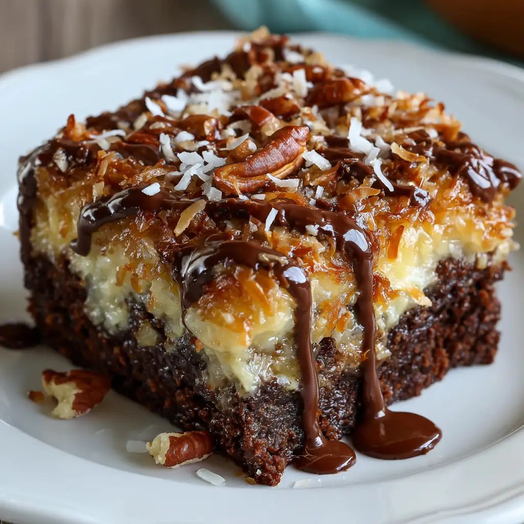 Top-down view of the German Chocolate Poke Cake topping, featuring golden-brown toasted coconut flakes, chopped pecans, and a glossy ganache.