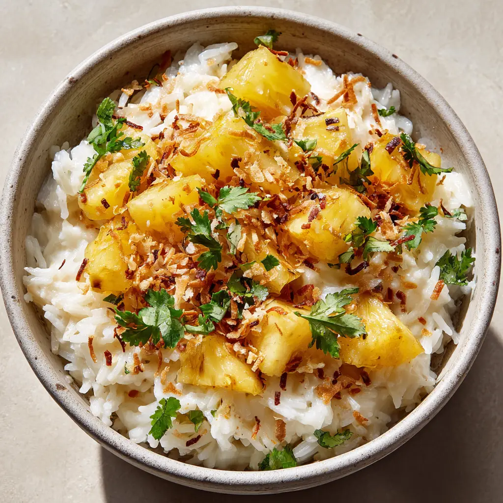 A rustic light grey ceramic bowl filled with creamy coconut pineapple rice, garnished with toasted coconut flakes and fresh cilantro.